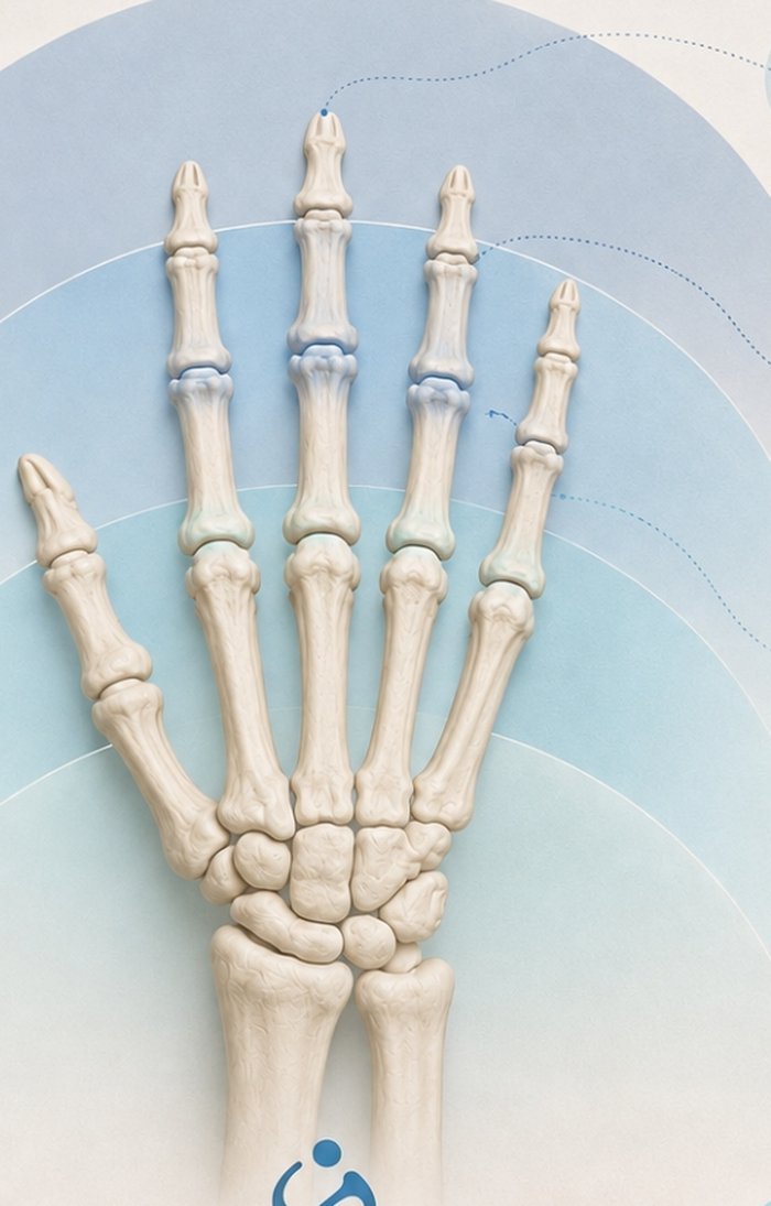 Ilustración de una mano esquelética con articulaciones inflamadas